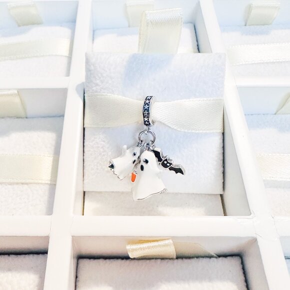 925 Sterling Silver Glow In The Dark Ghost Duet With Bat Dangle Charm - Picture 3 of 8